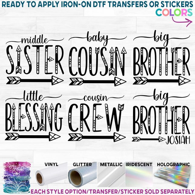 (s122-J3) Big, Middle, Little, Sister, Brother, Cousin Arrow optional Name Custom Text