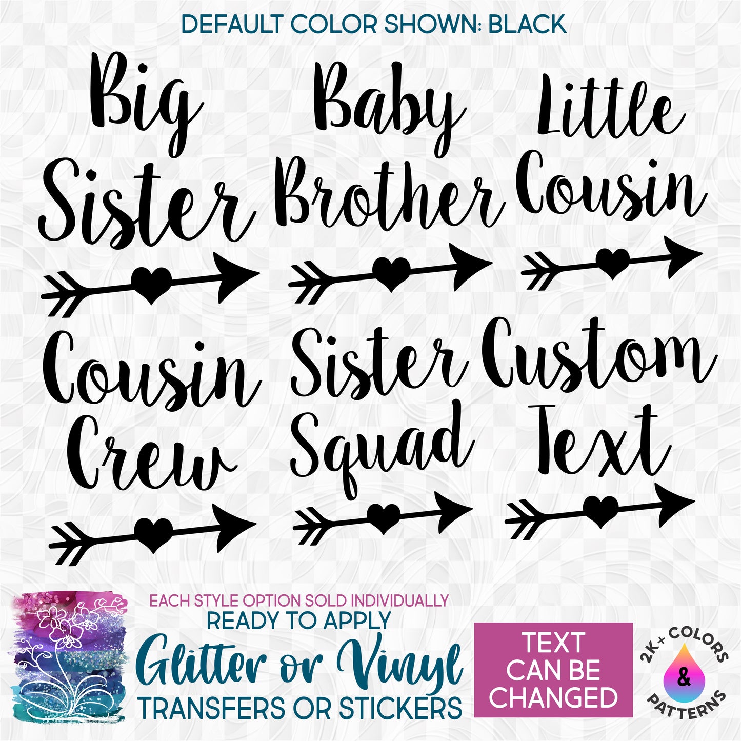 s122-Y Big Little Middle Baby Sister Cousin Heart Arrow Made-to-Order Iron-On Transfer or Sticker