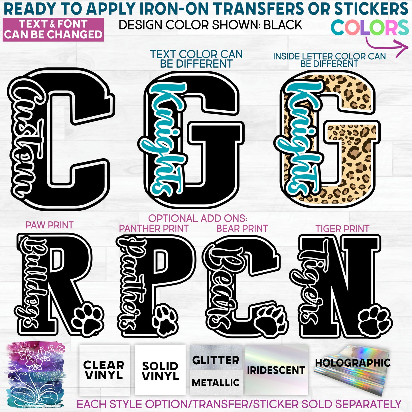 (s123-C) Custom Collegiate Letter Team Name Glitter or Vinyl Iron-On Transfer or Sticker