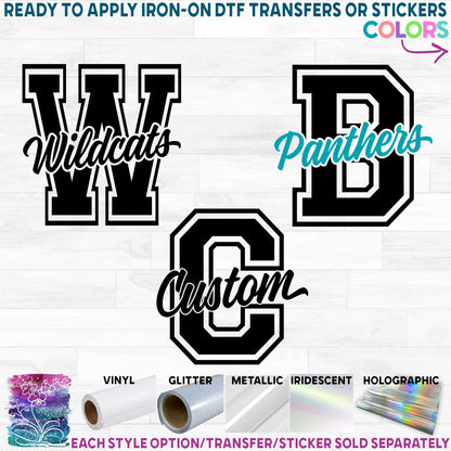 (s123-A) Custom Collegiate Letter Team Name Printed Heat Transfer or Sticker