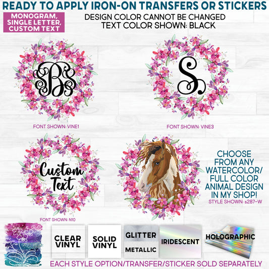 SBS-125-W11 Watercolor Purple Pink Orchid Monogram Made-to-Order Iron-On Transfer or Sticker