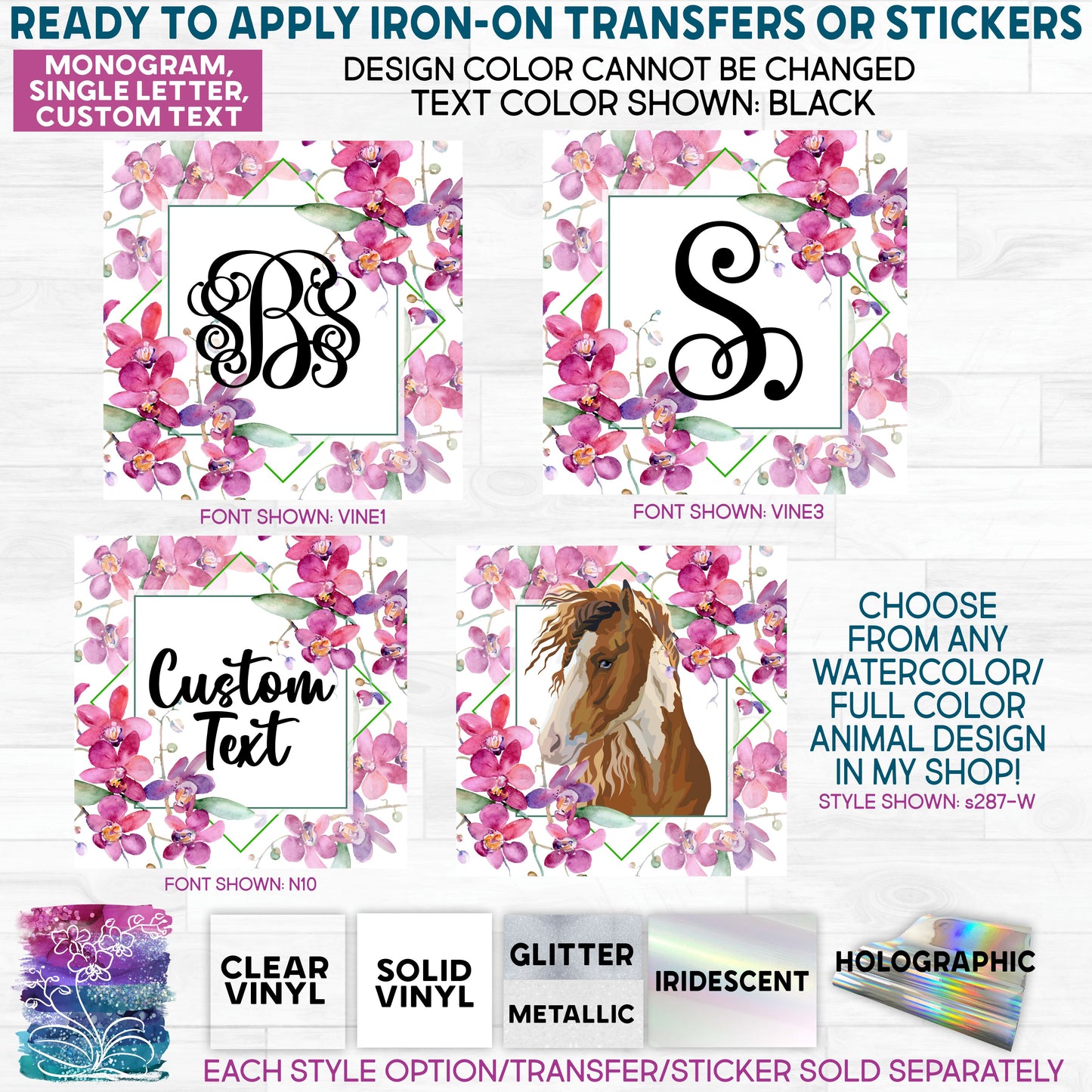 (s128-W8) Watercolor Purple Pink Orchid Monogram Glitter or Vinyl Iron-On Transfer or Sticker