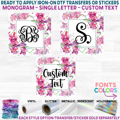 (s125-W8) Watercolor Purple Pink Orchid Monogram Printed Heat Transfer or Sticker