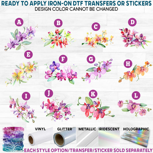 (s125) Floral Watercolor Orchids Printed Heat Transfer or Sticker