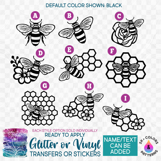 (s126-1) Queen Bee Honeybee Honeycomb Flower Glitter or Vinyl Iron-On Transfer or Sticker
