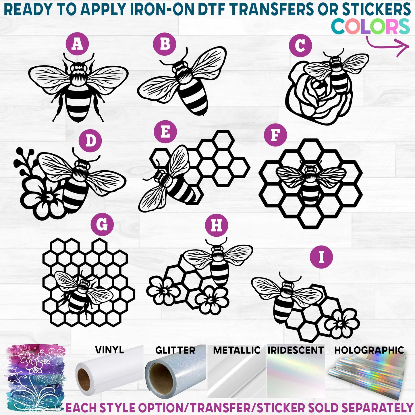 (s126-1) Queen Bee Honeybee Honeycomb Flower Printed Heat Transfer or Sticker