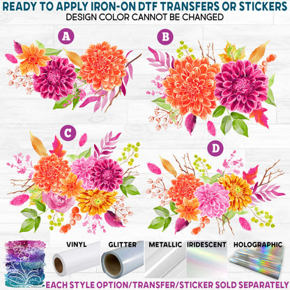 (s128-2) Watercolor Dahlia's Burgundy Autumn Flowers Printed Heat Transfer or Sticker