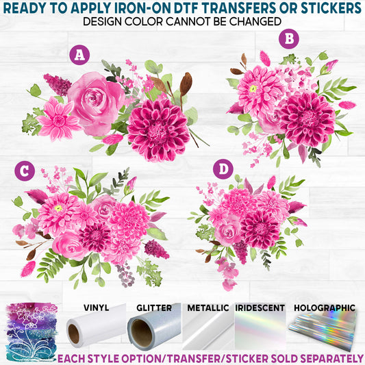 (s128-3) Watercolor Dahlia's Dahlia Pink Flowers b Printed Heat Transfer or Sticker