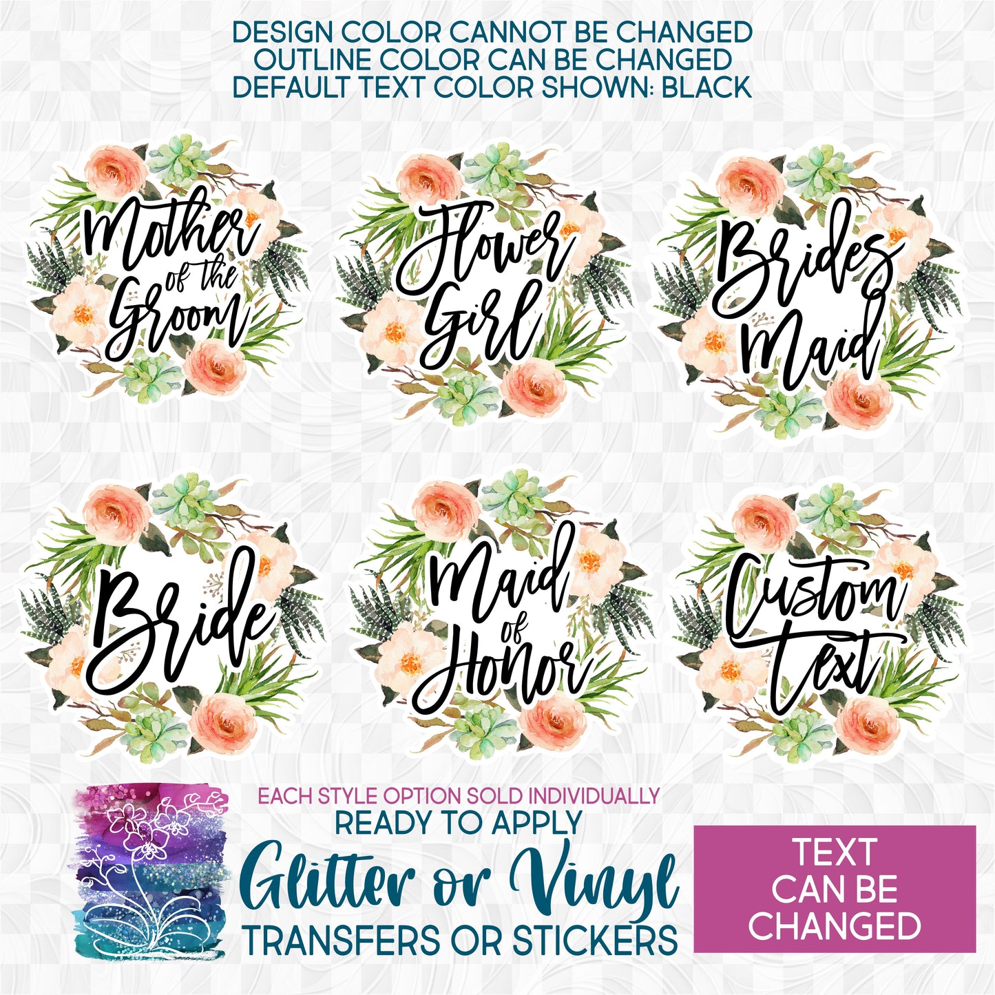 (s013-A) Bridal Wedding Party Succulent Garden Floral Flowers Watercolor  Glitter or Vinyl Iron-On Transfer or Sticker