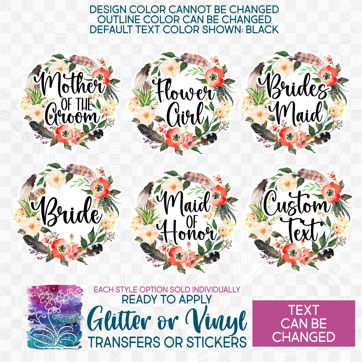 (s013-B) Bridal Wedding Party Succulent Garden Flower Feather Watercolor Glitter or Vinyl Iron-On Transfer or Sticker