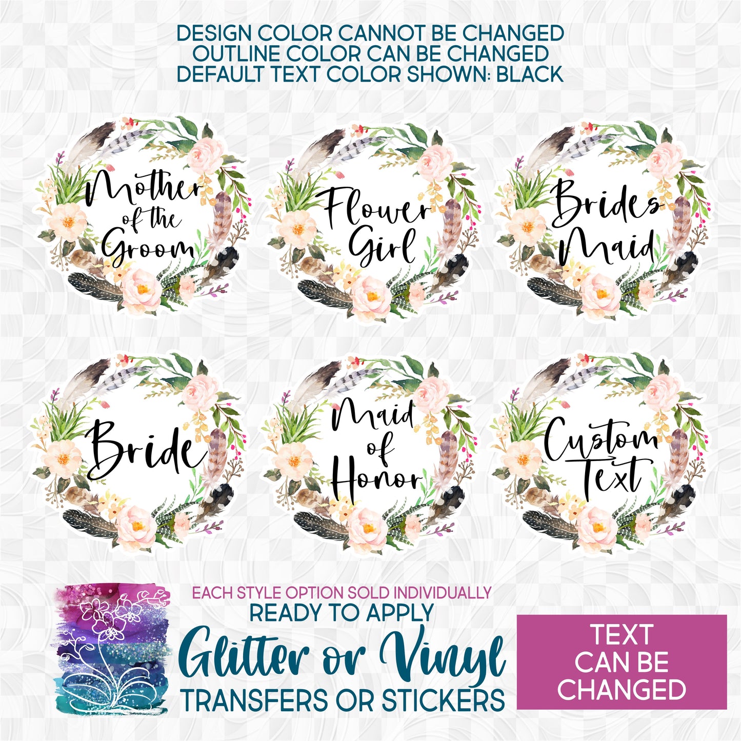 (s013-C) Bridal Wedding Party Succulent Garden Flower Watercolor Glitter or Vinyl Iron-On Transfer or Sticker