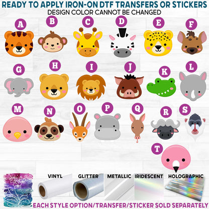 (s132-1) Cute Safari Jungle Animal Faces Printed Heat Transfer or Sticker