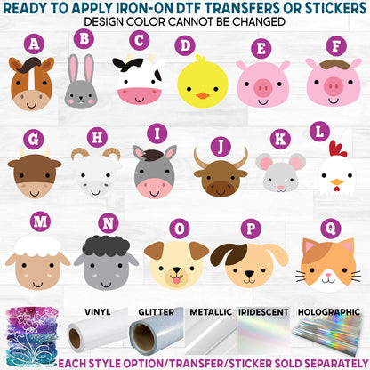 (s132-5) Cute Farm Animal Faces Printed Heat Transfer or Sticker