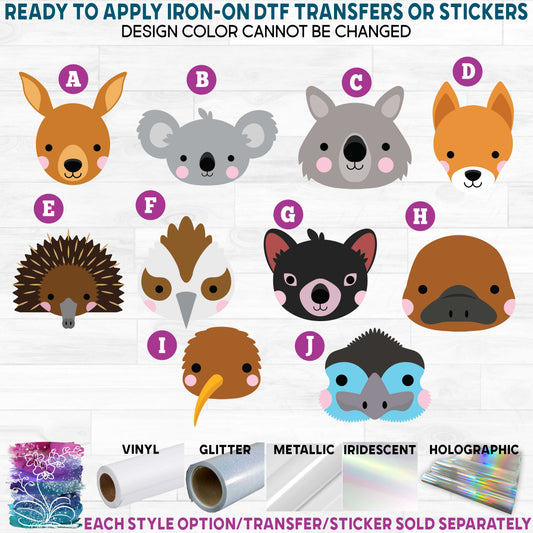 (s132-6) Cute Australian Animal Faces Printed Heat Transfer or Sticker