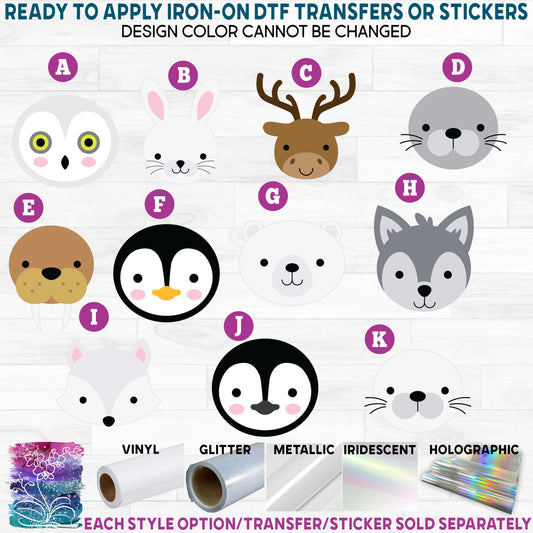 (s132-7) Cute Arctic Animal Faces Printed Heat Transfer or Sticker