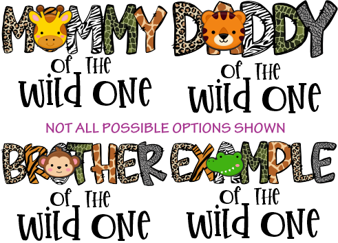 (s169-13-1T) Wild One Family Custom Text Animal Faces Safari 20 Animal Styles