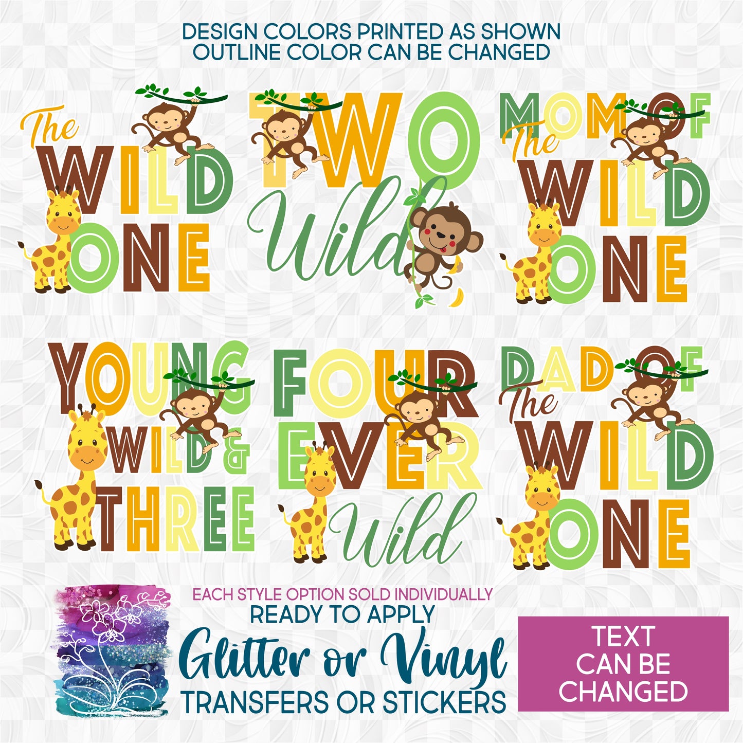 (s132-2A) Jungle Family, Mom of the Wild One, Custom Text Glitter or Vinyl Iron-On Transfer or Sticker
