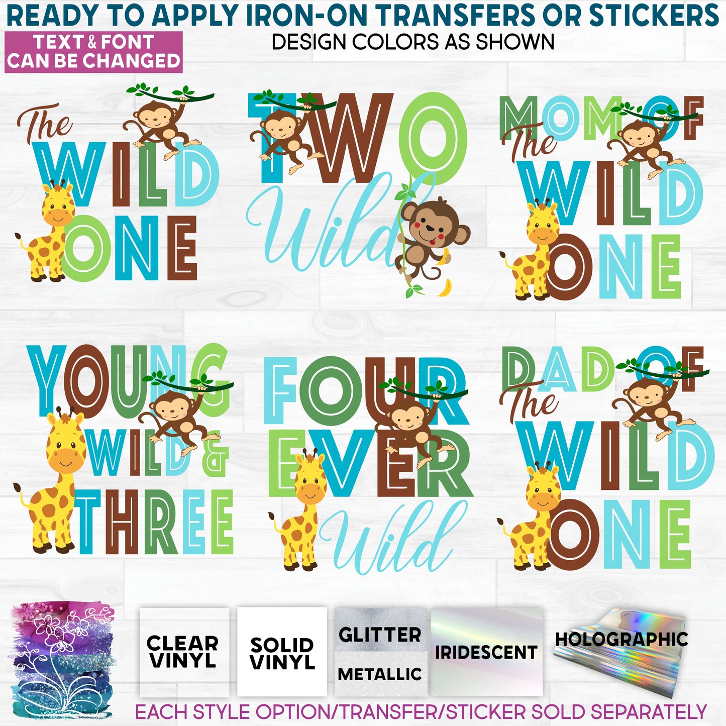 (s132-B3) Jungle Family, Mom of the Wild One, Custom Text Glitter or Vinyl Iron-On Transfer or Sticker
