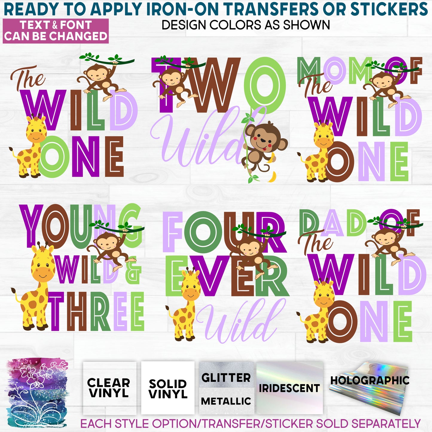 (s132-2D) Jungle Family, Mom of the Wild One, Custom Text Glitter or Vinyl Iron-On Transfer or Sticker