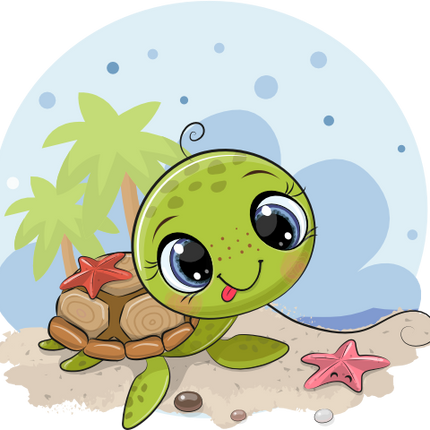 (s133-10-C) Cute Cartoon Sea Turtle Beach