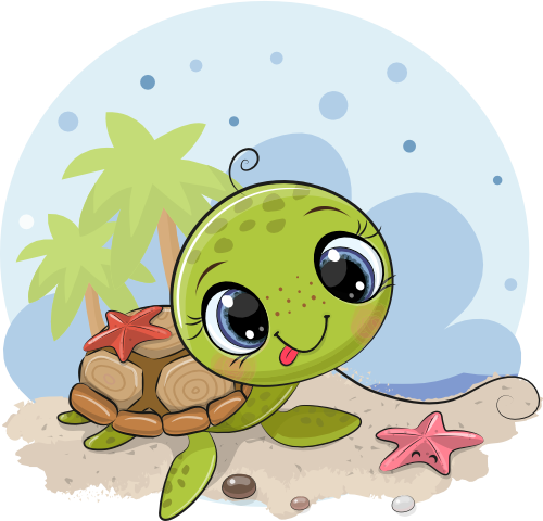 (s133-10-C) Cute Cartoon Sea Turtle Beach