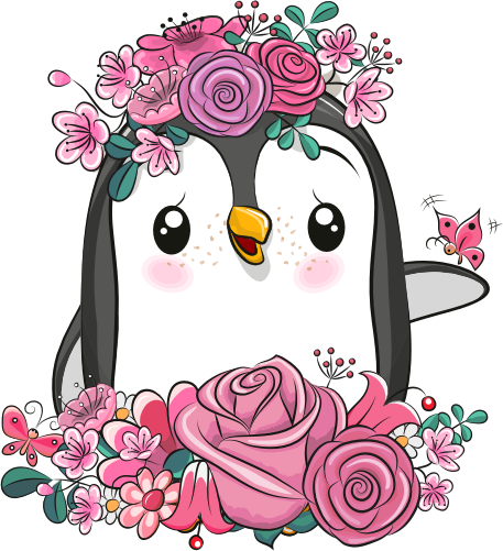(133-12-H) Cute Cartoon Penguin Flowers