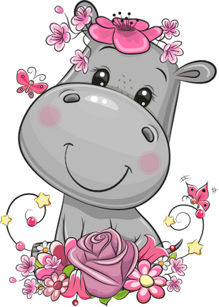 (s133-14-H) Cute Cartoon Hippo Flowers