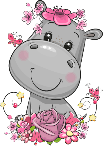 (s133-14-H) Cute Cartoon Hippo Flowers