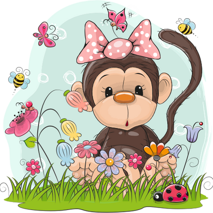 (s133-15-G) Cute Cartoon Monkey Pink Bow Flower Meadow