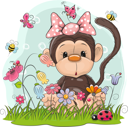 (s133-15-G) Cute Cartoon Monkey Pink Bow Flower Meadow