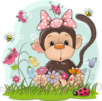 (s133-15-G) Cute Cartoon Monkey Pink Bow Flower Meadow