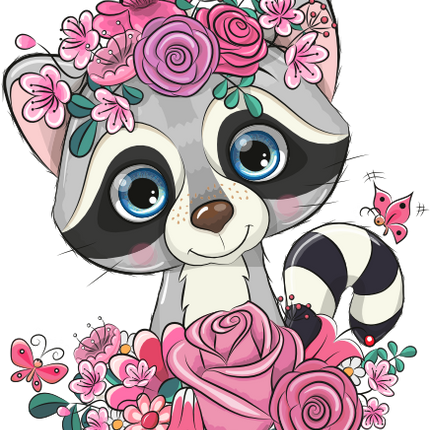 (s133-16-F) Cute Cartoon Racoon Flowers