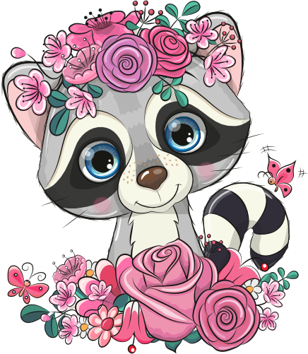 (s133-16-F) Cute Cartoon Racoon Flowers
