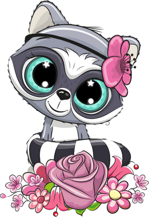 (s133-16-G) Cute Cartoon Racoon Flowers
