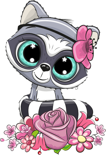 (s133-16-G) Cute Cartoon Racoon Flowers