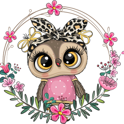 (s133-24-2A) Cute Cartoon Owl Flower Wreath