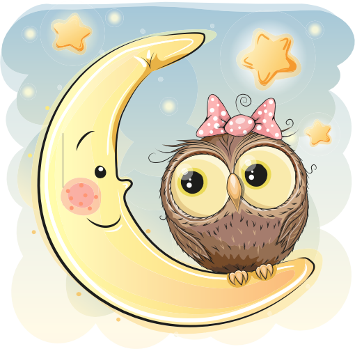 (s133-24-1S) Cute Cartoon Owl Moon