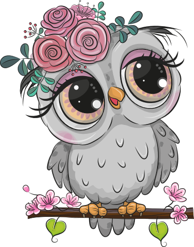 (s133-24-1U) Cute Cartoon Owl Flowers