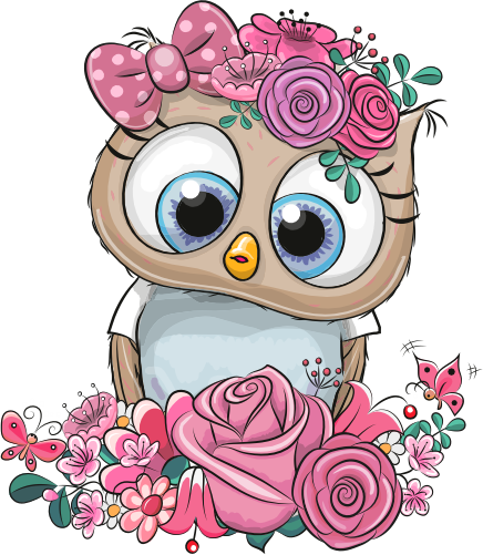 (s133-24-1W) Cute Cartoon Owl Flowers