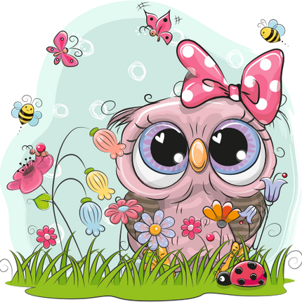 (s133-24-1X) Cute Cartoon Owl Flower Meadow