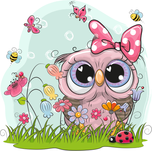 (s133-24-1X) Cute Cartoon Owl Flower Meadow