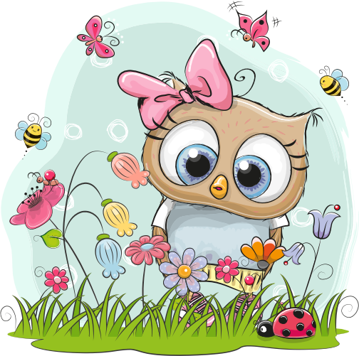 (s133-24-1Z) Cute Cartoon Owl Flower Meadow