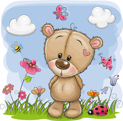 (s133-25-L) Cute Cartoon Teddy Bear Flower Meadow