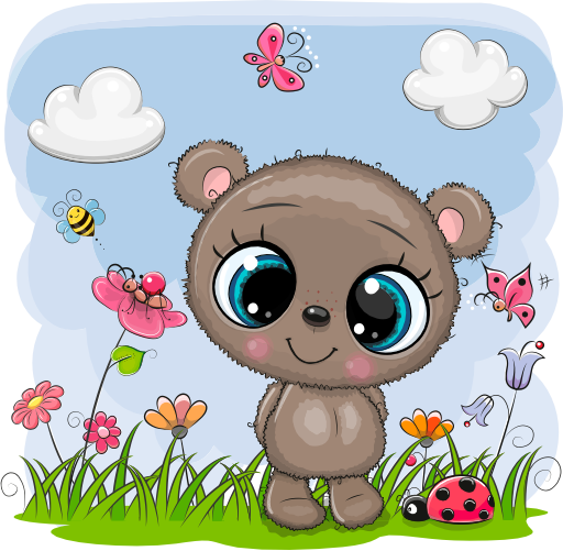 (s133-25-M) Cute Cartoon Teddy Bear Flower Meadow