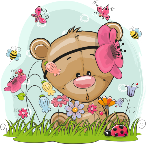 (s133-25-N) Cute Cartoon Teddy Bear Flower Meadow