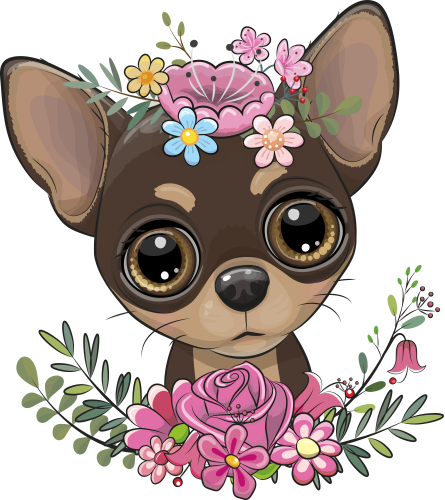 (s133-27-2B) Cute Cartoon Chihuahua Flowers