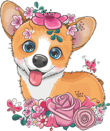(s133-27-1F) Cute Cartoon Corgi Flowers