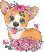 (s133-27-1F) Cute Cartoon Corgi Flowers