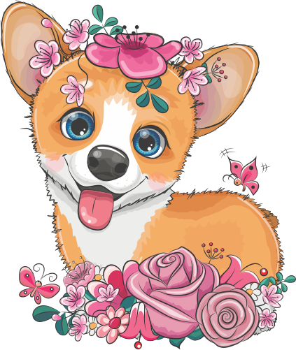 (s133-27-1F) Cute Cartoon Corgi Flowers