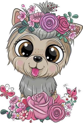 (s133-27-1R) Cute Cartoon Yorkie Flowers
